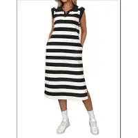 Jojomino Robe d'été rayée pour femme, coupe trapèze, manches courtes, col à revers, style t-shirt, avec poches, noire, taille L