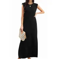 Torribaly Robe longue d'été décontractée à col rond et fente pour femme, sans plis, avec poches, noire, taille XL