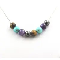 Bijoux Pierres et Minéraux. Collier perles Hématite + Howlite Turquoise + Améthyste + Oeil de Chaine en acier inoxydable.