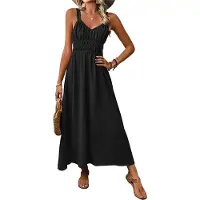 Typecat Robe longue smockée pour femme, tenue d'été décontractée à bretelles spaghetti, coupe trapèze, longue et fluide, noire, taille S