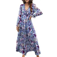 Torribaly Robe décontractée style bohème à manches longues et col en V profond pour femme, bleu, taille M