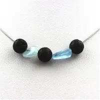 Bijoux Pierres et Minéraux. Collier perles Lave 8 mm + Aigue-Marine du Brésil Chaine en acier inoxydable.