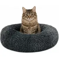 Lionto Donut coussin pour chat, lit rond avec housse en peluche & fond antidérapant, bord surélevé pour un sentiment de sécurité, 40 cm de diamètre, gris foncé