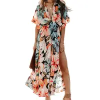 Torribaly Robe longue d'été pour femme, manches courtes, col en V, décontractée, ample, longue, fendue, pour la plage, couleur orange, taille L