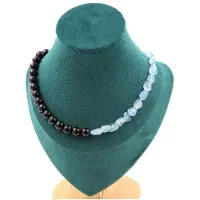 Bijoux Pierres et Minéraux. Collier perles Aigue-Marine du Brésil + Agate noire 8 mm. Chaine en Collier femmes, hommes. Taille personnalis