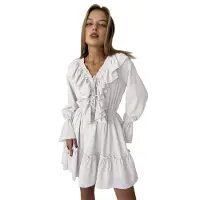 Semoic Robes d'été décontractées à manches longues et col en V pour femmes