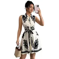 Typecat Robe d'été mi-longue à imprimé floral bohème sans manches, ceinture, fluide et boutonnée, style été 2025, noire, taille S
