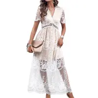 Typecat Robe de mariée en dentelle florale à manches courtes et col en V pour femme, tenue de cocktail, de demoiselle d'honneur, longue, blanche, taille S