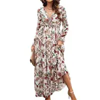 Semoic Robe bohème décontractée à manches longues et col en V profond pour femme, taille M