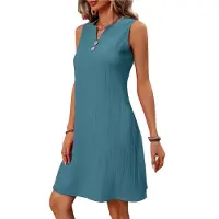 Typecat Robe d'été pour femme, tenue de vacances sur l'île, tunique sans manches à col en V, décontractée, pour la plage, bleu mer, taille L