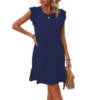 Torribaly Robes d'été pour femmes, col rond, manches courtes, ourlet à volants, mini-robe décontractée à smocks, bleu foncé, taille XXL