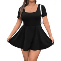 Typecat Mini-robe pour femme, col carré, manches courtes, ourlet à volants, avec short intégré