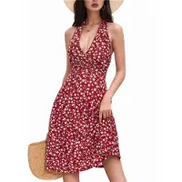 Torribaly Robe d'été courte à fleurs et col en V pour femme, sans manches, bordeaux, taille L