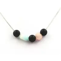 Bijoux Pierres et Minéraux. Collier perles Onyx noir mat 8 mm + Kunzite du Brésil + Amazonite du Chaine en acier inoxydable.