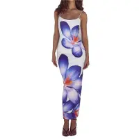Torribaly Robe longue fleurie pour femme, été 2025, bretelles spaghetti, moulante, en maille, pour la plage et les vacances, taille L