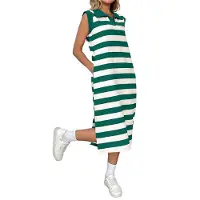 Jojomino Robe d'été à rayures pour femmes, coupe trapèze, décontractée, manches courtes, col à revers, t-shirt avec poches, vert, taille L