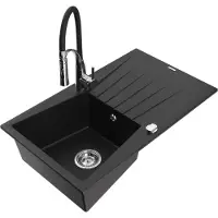 Mexen Evier en granit Cesar 1 bac avec égouttoir et mitigeur Aster, Noir - 6514-77-73450-07