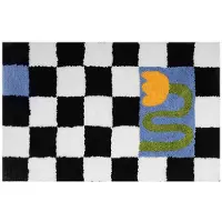 Exogio Tapis de bain à fleurs, doux et moelleux, motif damier, motif floral, antidérapant, décoration de chevet