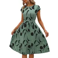 Jojomino Robe fleurie pour femme, col ras du cou, manches courtes, ceinture nouée, style mi-longue, fluide, style bohème, robe de plage, verte, taille L