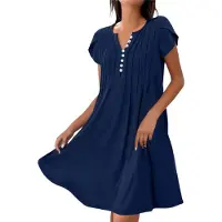 Torribaly Robe d'été à manches courtes pour femme, col en V, coupe ample, décontractée, fluide, plissée, maxi tunique de plage, bleu foncé, taille S
