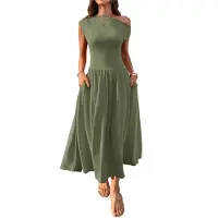 Torribaly Robe longue sans manches pour femme, asymétrique, décontractée, slim, plissée, avec poches, vert, taille XL, été 2025