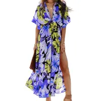 Torribaly Robe longue d'été pour femme, manches courtes, col en V, décontractée, ample, longue, fendue, pour la plage, bleu, XL