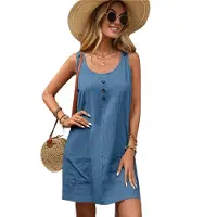 Typecat Robe d'été sans manches pour femme, débardeur avec poches, décontractée, courte, coupe trapèze, col ras du cou, bleu, taille S