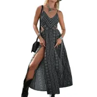 Semoic Robe d'été longue à fleurs et col en V pour femme