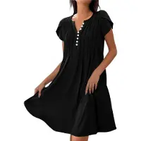 Torribaly Robe d'été à manches courtes pour femme, col en V, coupe ample, décontractée, fluide, plissée, maxi tunique de plage, noire, taille XXL