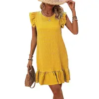 Torribaly Robes d'été pour femmes, col rond, manches courtes, ourlet à volants, mini robe décontractée à smocks, jaune, taille L