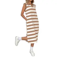 Jojomino Robe d'été à rayures pour femmes, coupe trapèze, décontractée, manches courtes, col à revers, t-shirt avec poches, kaki, taille S