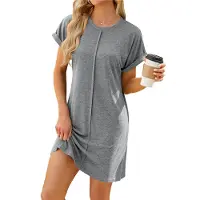 Typecat Robe t-shirt d'été décontractée à manches courtes et col ras du cou pour femme, coupe ample, mini, gris clair, taille XL