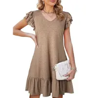 Typecat Robe d'été à volants et manches courtes pour femme, col en V, décontractée, ample, coupe trapèze, mini, robe d'été, kaki, taille L