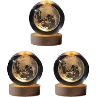 Semoic 3X Veilleuse Couleur Cristal avec Boule de Cristal Sculptée à L'Intérieur, Ornement Lumineux, Cadeau Étoilé avec Base en Bois, Lune