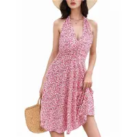Torribaly Robe d'été courte à fleurs et col en V pour femme, sans manches, rose, taille L