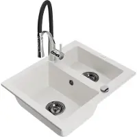 Mexen Évier Carlos en granit 1,5 avec mélangeur Aster, blanc (6518-20-73450-07-B)