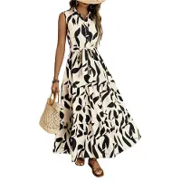 Typecat Robe longue d'été à fleurs pour femme, col boutonné, ceinture nouée, volants étagés, sans manches, style bohème, taille M