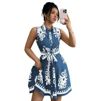 Typecat Robe d'été mi-longue à imprimé floral bohème sans manches, ceinture, fluide et boutonnée, bleu, taille S