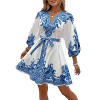 Typecat Robe courte décontractée à col en V et imprimé floral pour femme, manches lanternes, ceinture boutonnée, bleu, taille XL