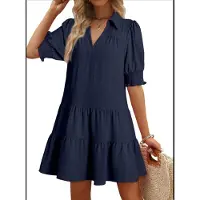 Jojomino Robe plissée à manches mi-longues pour femme, bleu marine, taille M