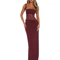 Torribaly Robe longue moulante sans manches à découpes et dentelle pour femme, col carré, avec corset transparent, rouge vin, taille L