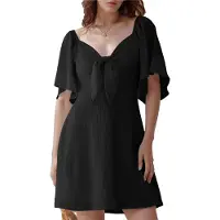 Semoic Robe courte élégante à col en V profond et nœud papillon, noire, taille M