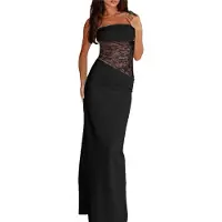 Torribaly Robe longue moulante sans manches à découpes en dentelle pour femme, col carré, avec corset transparent