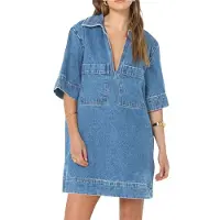 Typecat Robe d'été en jean décontractée à col en V et poches pour femme, taille L