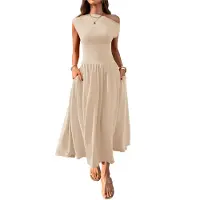 Torribaly Robe longue sans manches pour femme, asymétrique, décontractée, slim, trapèze, plissée, formelle, avec poches, été 2025, taille L