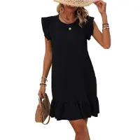 Torribaly Robe d'été décontractée à col rond et manches courtes pour femme, mini-robe à volants, noire, taille XL