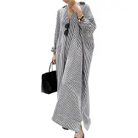 Torribaly Robe chemise longue décontractée à manches longues et boutons pour femme, ample et rayée, noire, taille L