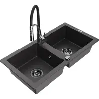 Mexen Mario évier en granit 2 cuves avec mitigeur Aster, noir moucheté - 6504-76-73450-07-B