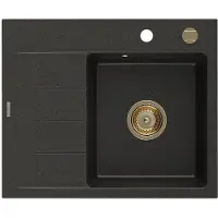 Mexen Ben Evier en granit à 1 niveau avec égouttoir à droite 600 x 500 mm, noir/or métallisé, siphon doré - 6523605000-75-G