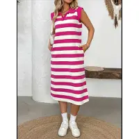 Jojomino Robe d'été rayée pour femme, coupe trapèze, manches courtes, col à revers, style t-shirt, poches, rose rouge, taille S